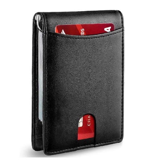 ELORIAH Slim Wallets for Men - Leather Money Clip Mens Wallet - Rfid Blocking Front Pocket Bifold Wallet - Minimalist Credit Card Holder with Gift Box(Black)