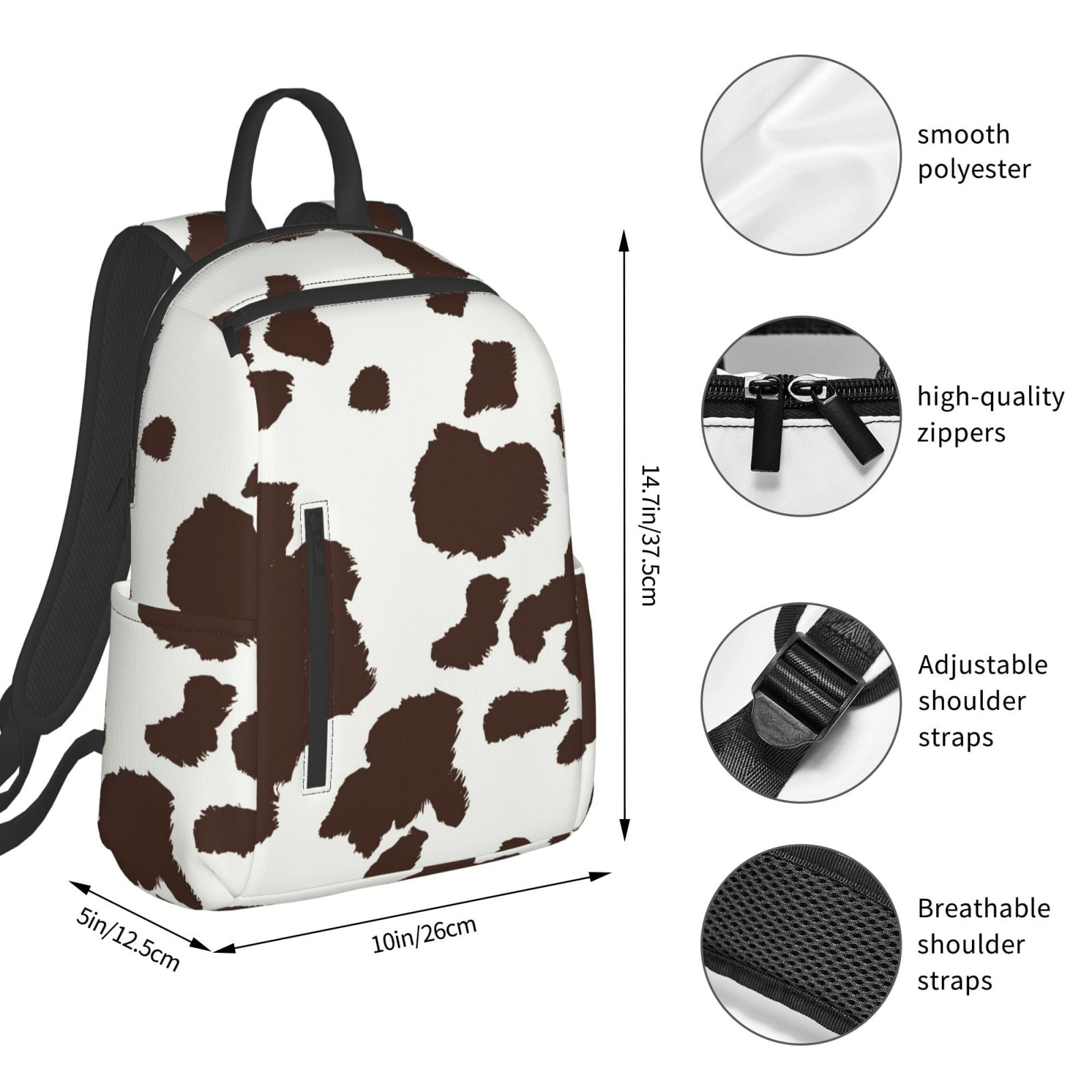 Xecao Brown Cow print Backpack For women men Aesthetic Lightweight Travel Daypack Simple Cute Backpack For Bookbag