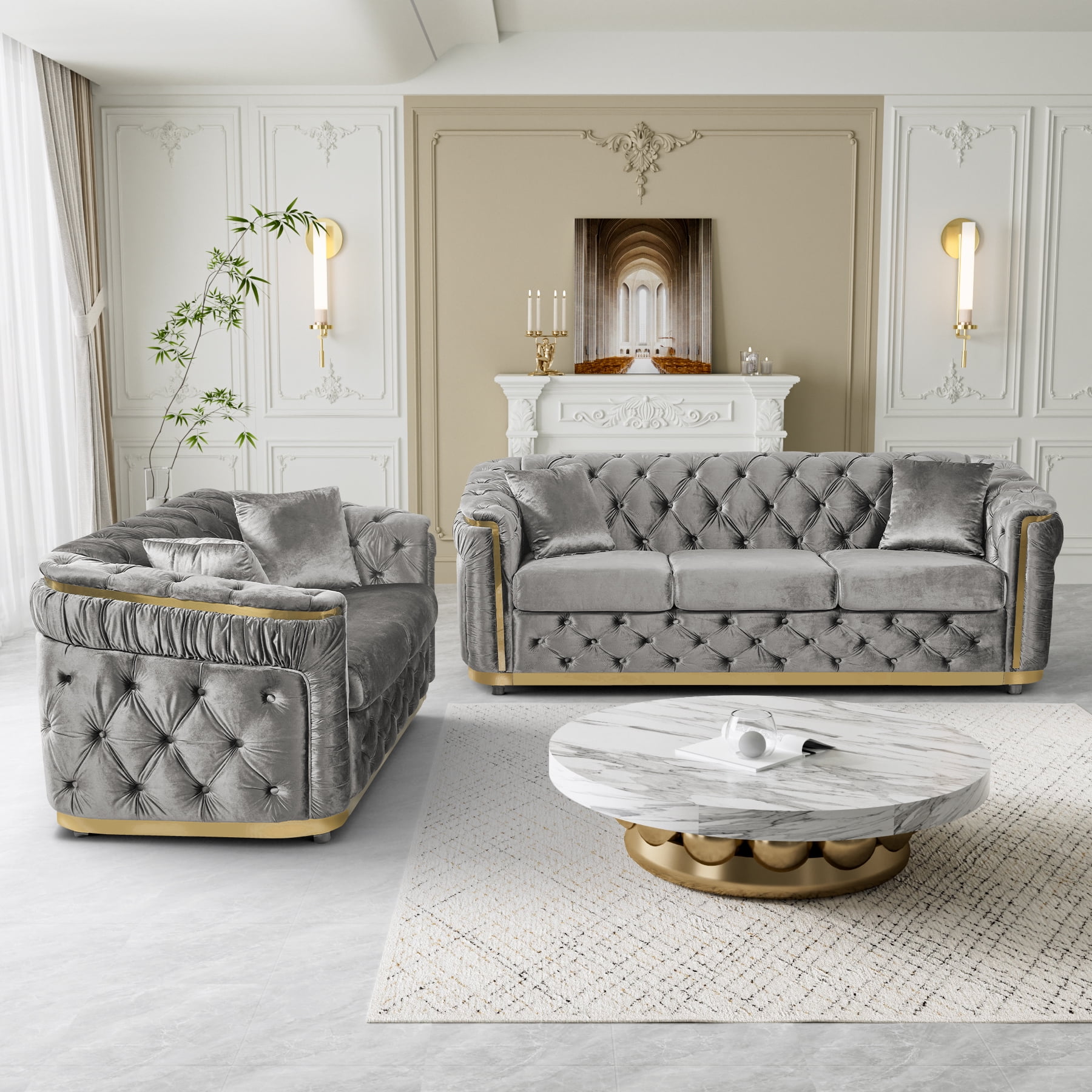 Wiilayok 62.6" Velvet Button Tufted Sofa, Mid-Century Classic Chesterfield Sofa Couch with Thick Backrest,Gold Stainless 2 Love Seat Couches for Living Room,Gray