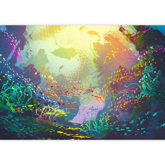 wall26 - Illustration - Underwater with Coral Reef and Colorful Fish,Illustration Painting - Removable Wall Mural | Self-Adhesive Large Wallpaper - 66x96 inches
