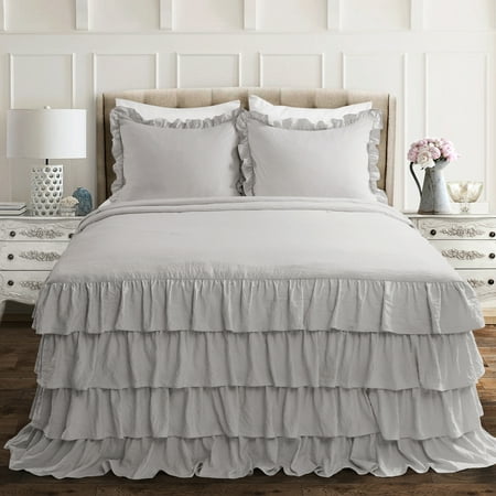 Queen 3pc Allison Ruffle Skirt Bedspread Set Light Gray - Lush Décor