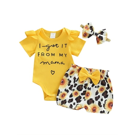 

TheFound Newborn Baby Girls 3Pcs Outfits Ribbed Letter Short Sleeve Romper Leopard/Sunflower Shorts Headband Summer Set