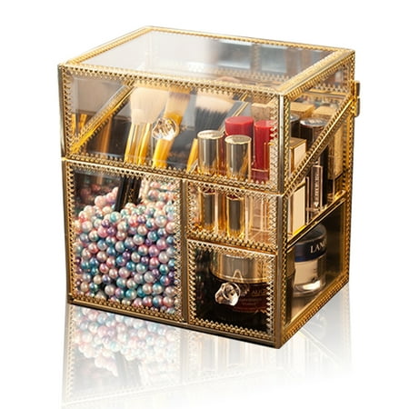 Antique Handmade Makeup Organizer Vintage Mirror Glass Brush Holder Cosmetic Storage Vanity Dresser Decoration Jewelry Box Make Up Brushes 3compartments With Free White Pearl And Lid Canada Antique Handmade Makeup Organizer, Mirrored Glass Makeup Storage