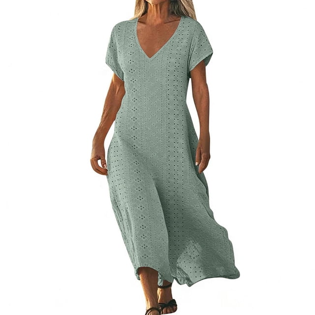 Mujeres Vestido Casual Manga Corta Cuello en V con Detalle de Cierre para el Uso en el Hogar, Cómoda Mezcla de Poliéster Spandex Señoras Vestir Ropa