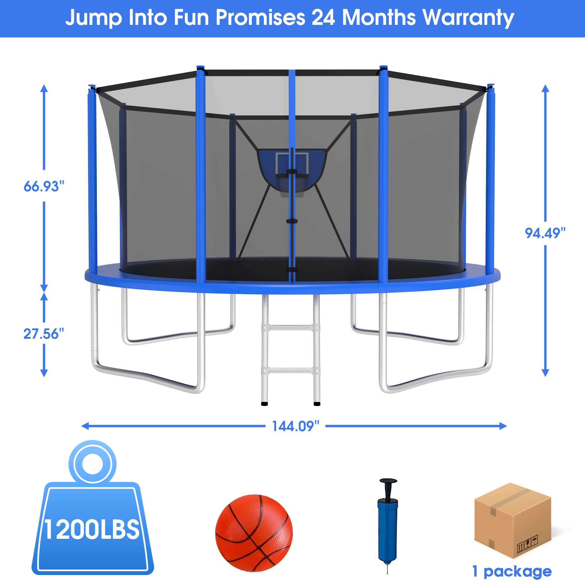 Jump Into Fun Trampoline 12FT 8 10 14 15 16FT Outdoor Trampoline for Kids and Adults with Enclosure and Basketball Hoop, 1200LBS Weight Capacity for 4-5 Adults and Kids, Easy Assembly