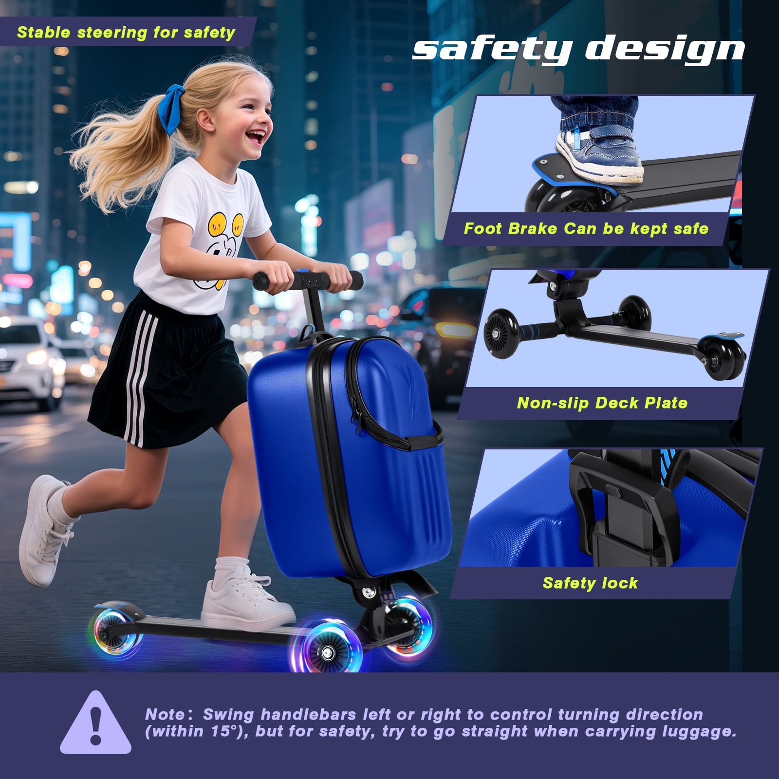 Advwin Scooter Suitcase with Top Opening & LED Light-up Wheel, Lightweight Hardshell Foldable Ride-On Luggage with Adjustable Handle for Travel, Blue