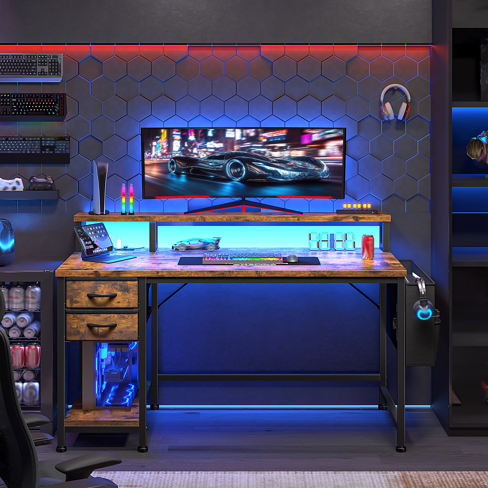 EnHomee 40" Desk with Power Outlets and LED Lights, Computer Desk with Drawers & Storage, Gaming Desk with Monitor Stand, Rustic Brown