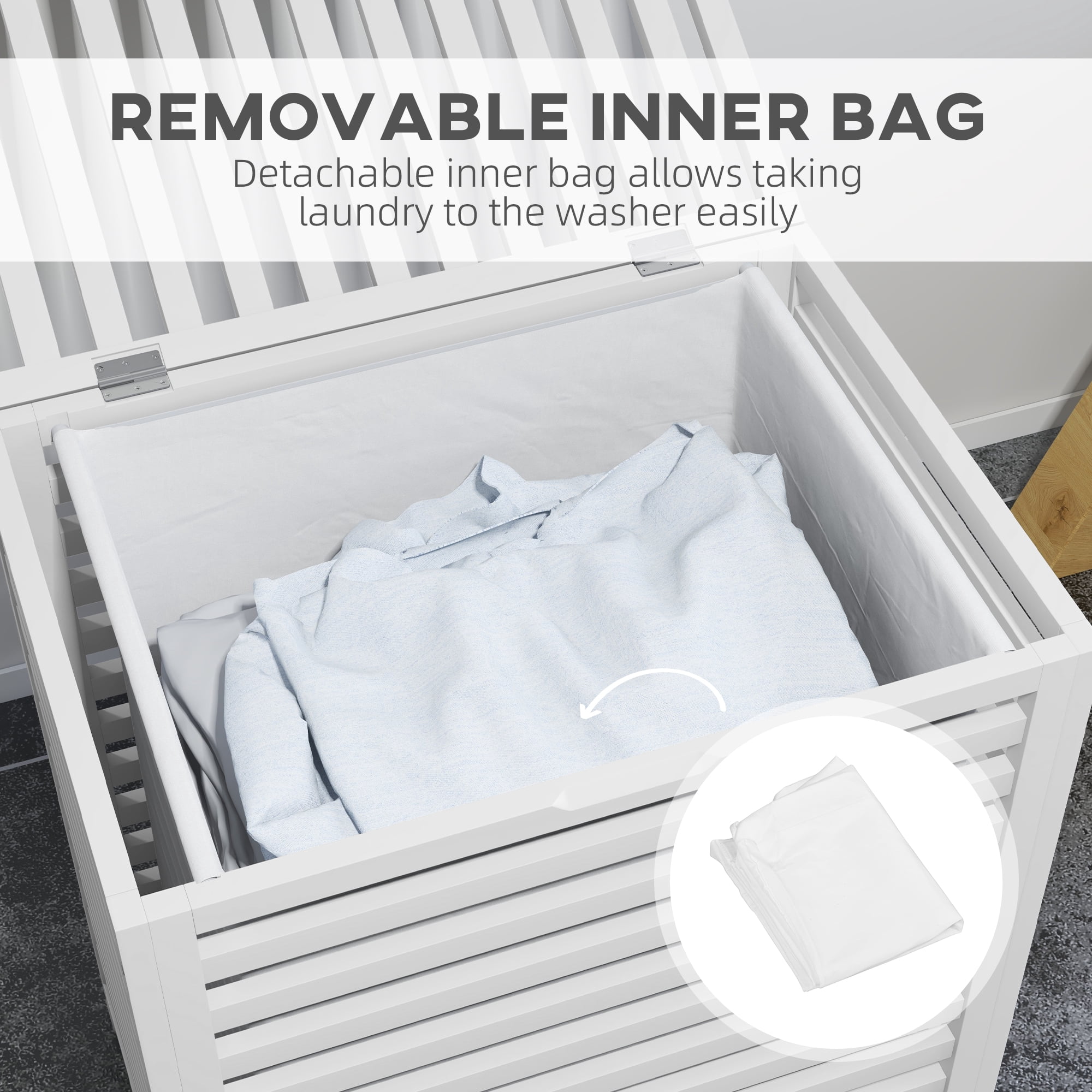 HOMCOM Bamboo Hamper Laundry Basket with Lid & Portable Removable Bag, Dirty Clothes Hamper Laundry Storage, White