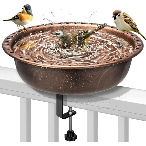 SPECSTAR Deck Mounted Polyresin Bird Bath with Adjustable Sturdy Metal Clamp for Railings up to 3.9 inch, Capacity 1.4 Gallons for Patio, Gardens, Yard, Deck, Bronze