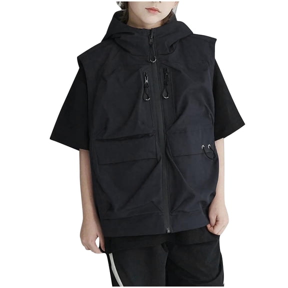 Fesfesfes Kids Hooded Vest Zip Up Sleeveless Cargo Gilet, Outdoor Casual Techwear Vest for Boys and Girls Ages 3-15 Years