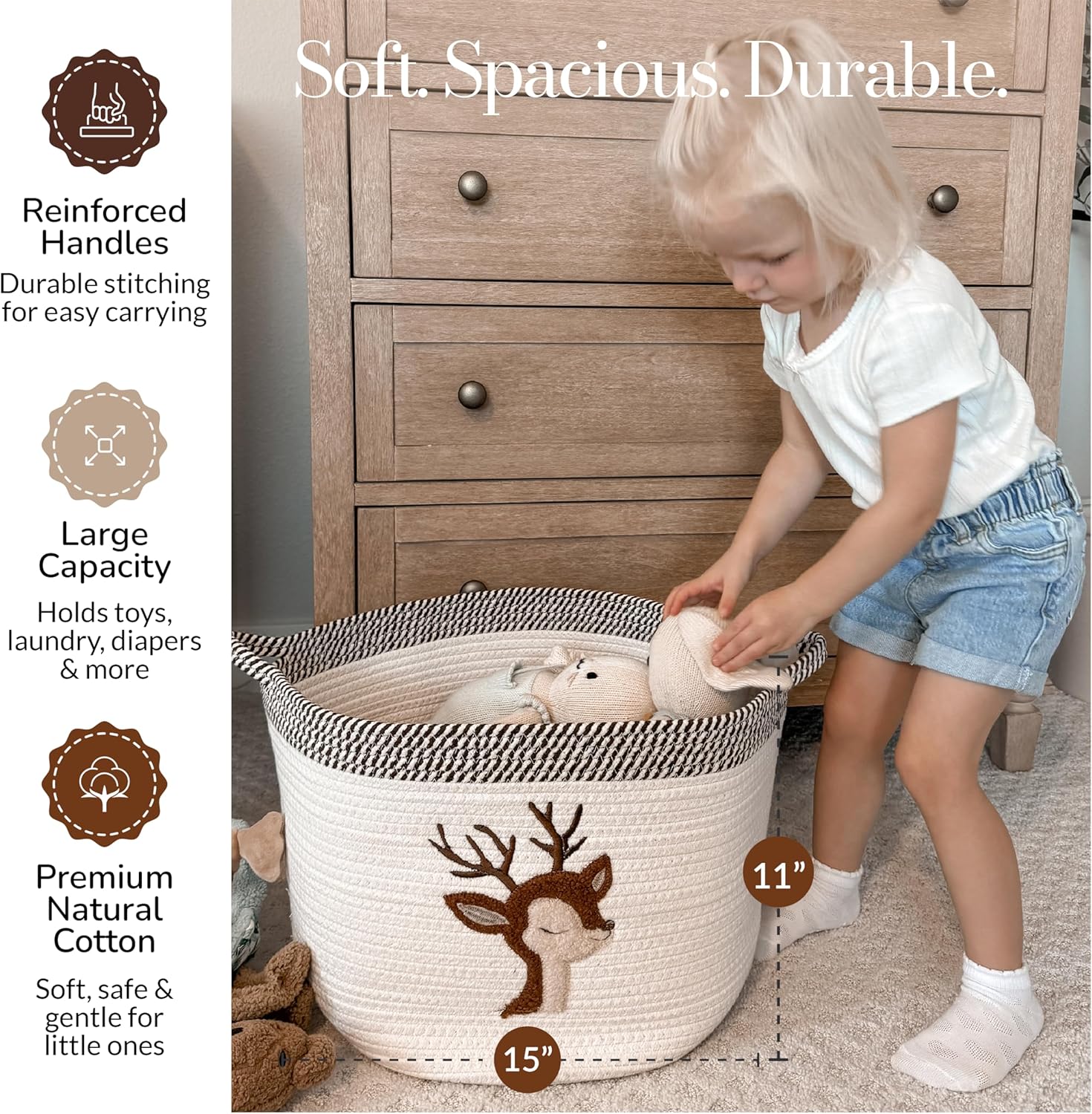 Deer Nursery Storage Basket – Large 15”x11” Cotton Rope Bin with Felt Animal Patch – Baby-Safe Toy Organizer, Laundry Hamper, Diaper & Towel Holder, Foldable & Washable