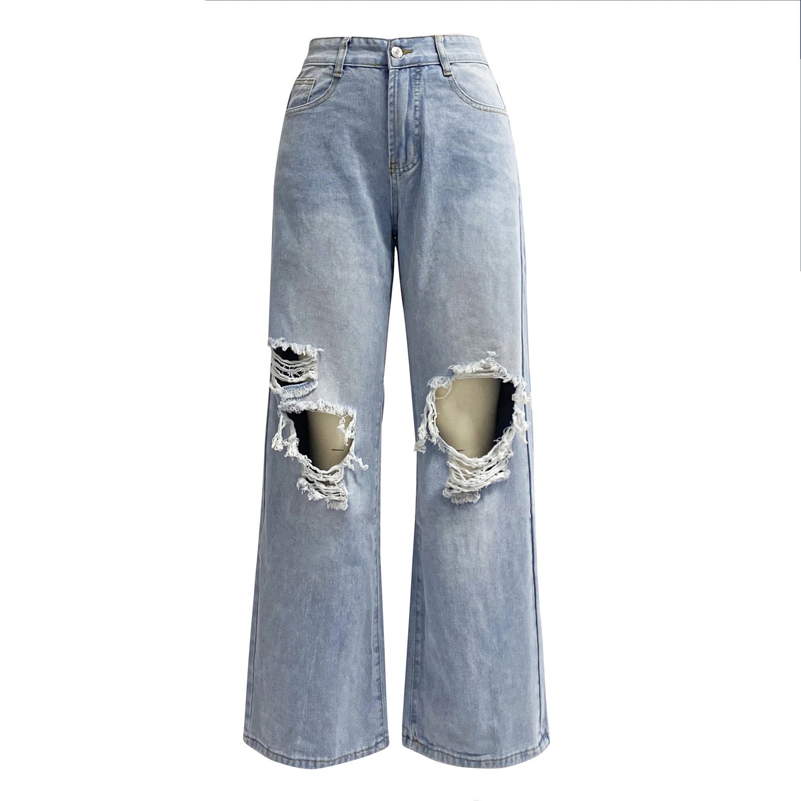 Lovskoo 2024 Women's Wide Leg Baggy Ripped Jeans Big Holes Lovskoo 2024 Women's Wide Leg Baggy Ripped Jeans Big Holes