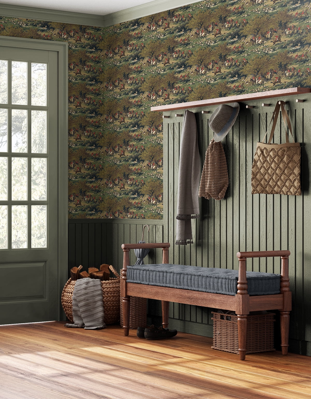 Harry & Grace Olive & Midnight Taunton Hunt Scene Premium Matte Non-Woven Peel and Stick Wallpaper - 20.5 in. W x 18 ft. L Roll