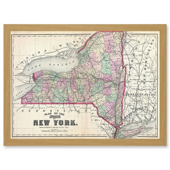 1873 Beers Map New York State Long Island Brooklyn Vintage A4 Artwork Framed Wall Art Print