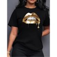 thumbnail image 1 of Camiseta de Manga Corta para Mujer con Estampado de Labios Dorados, Cómoda y Casual, Top Estampado para Mujer, 1 of 6