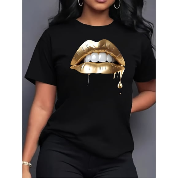 Camiseta de Manga Corta para Mujer con Estampado de Labios Dorados, Cómoda y Casual, Top Estampado para Mujer