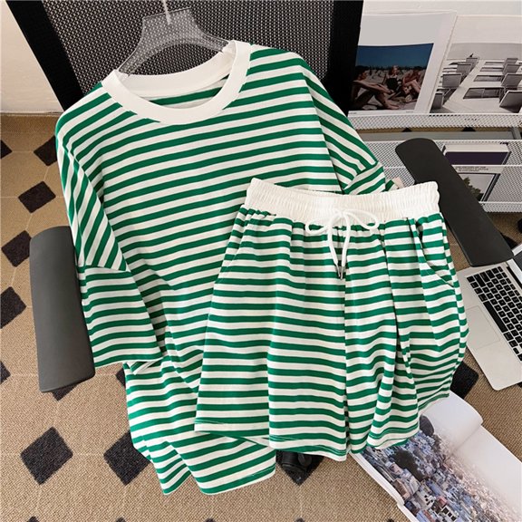Joernso Women T-Shirt Shorts Suit Summer Striped Short Sleeves Round Neck Loose Elastic Waist Ladies Casual Tee Short Pants Suit Sports Wear