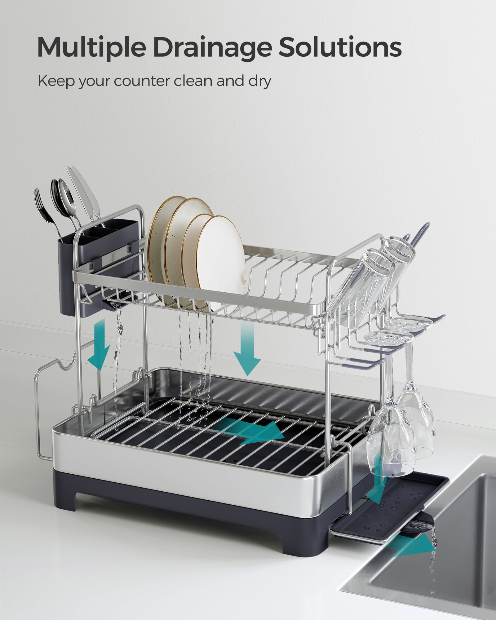 SONGMICS Dish Drying Rack - 2 Tier Dish Rack for Kitchen Counter with Rotatable and Extendable Drain Spout, Silver and Gray