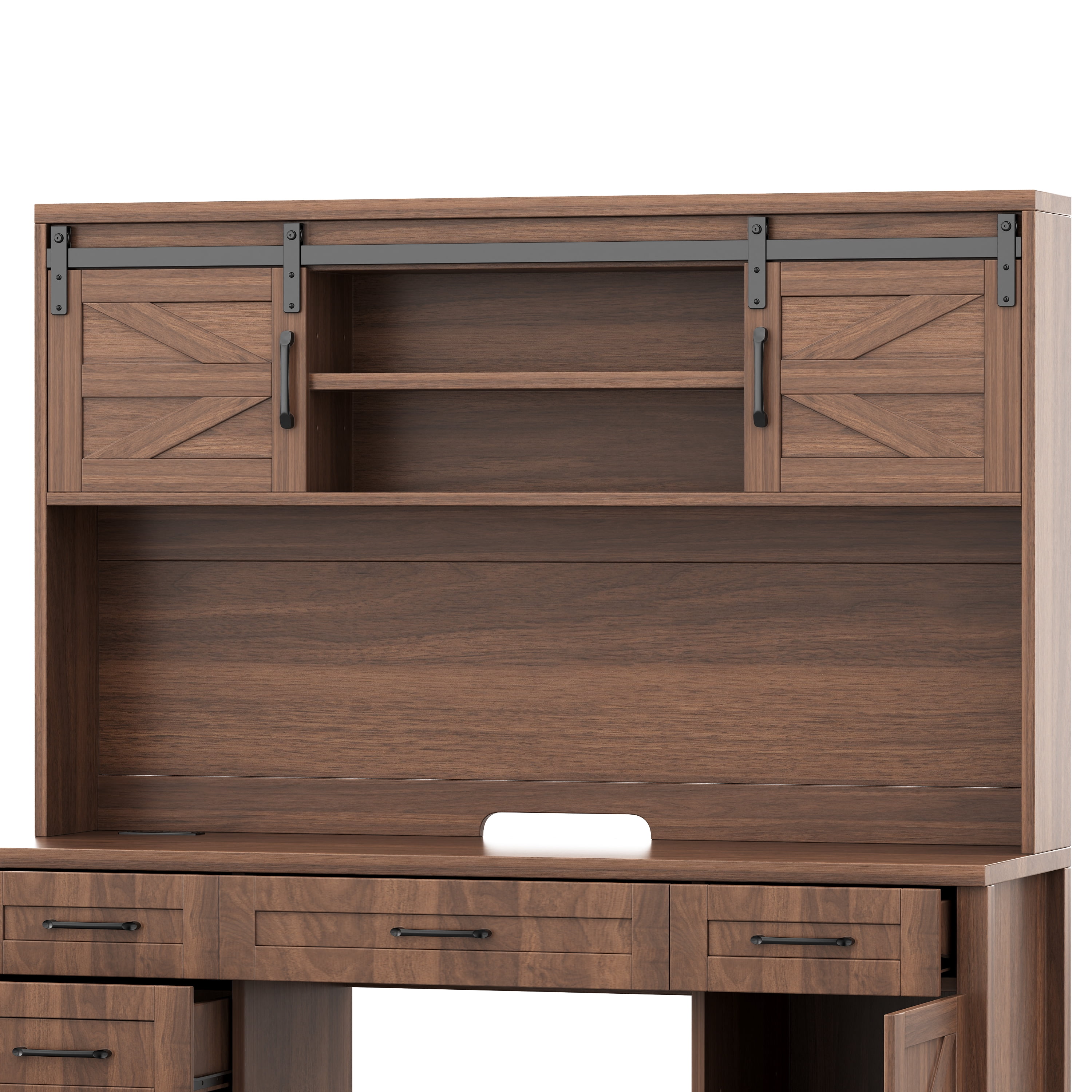 Aukfa Farmhouse Computer Desk with Hutch & Charging Station, Home Office Executive Desk, Sliding Barn Doors and 5 Drawers,Walnut