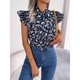 thumbnail image 2 of Top de verano para mujer, Top informal con cuello atado y manga corta con volantes, Top con estampado Floral para mujer, azul oscuro M, 2 of 8