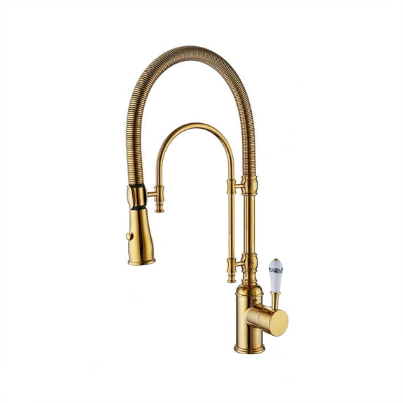 Polished Gold Pre-Rinse Kitchen Faucet with Pull-Out Spring Spout and Pot Filler, Single Handle Pull-Out Sprayer Spring Kitchen Sink Faucet