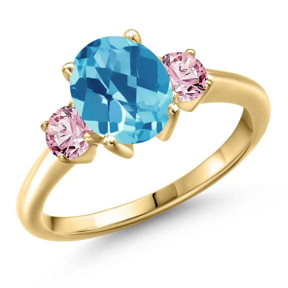 Gem Stone King 10K Yellow Gold Swiss Blue Topaz and Pink Lab Grown Diamond Engagement Ring for Women | 2.75 Cttw | Oval Checkerboard 9X7MM | Gemstone November Birthstone | Size 9