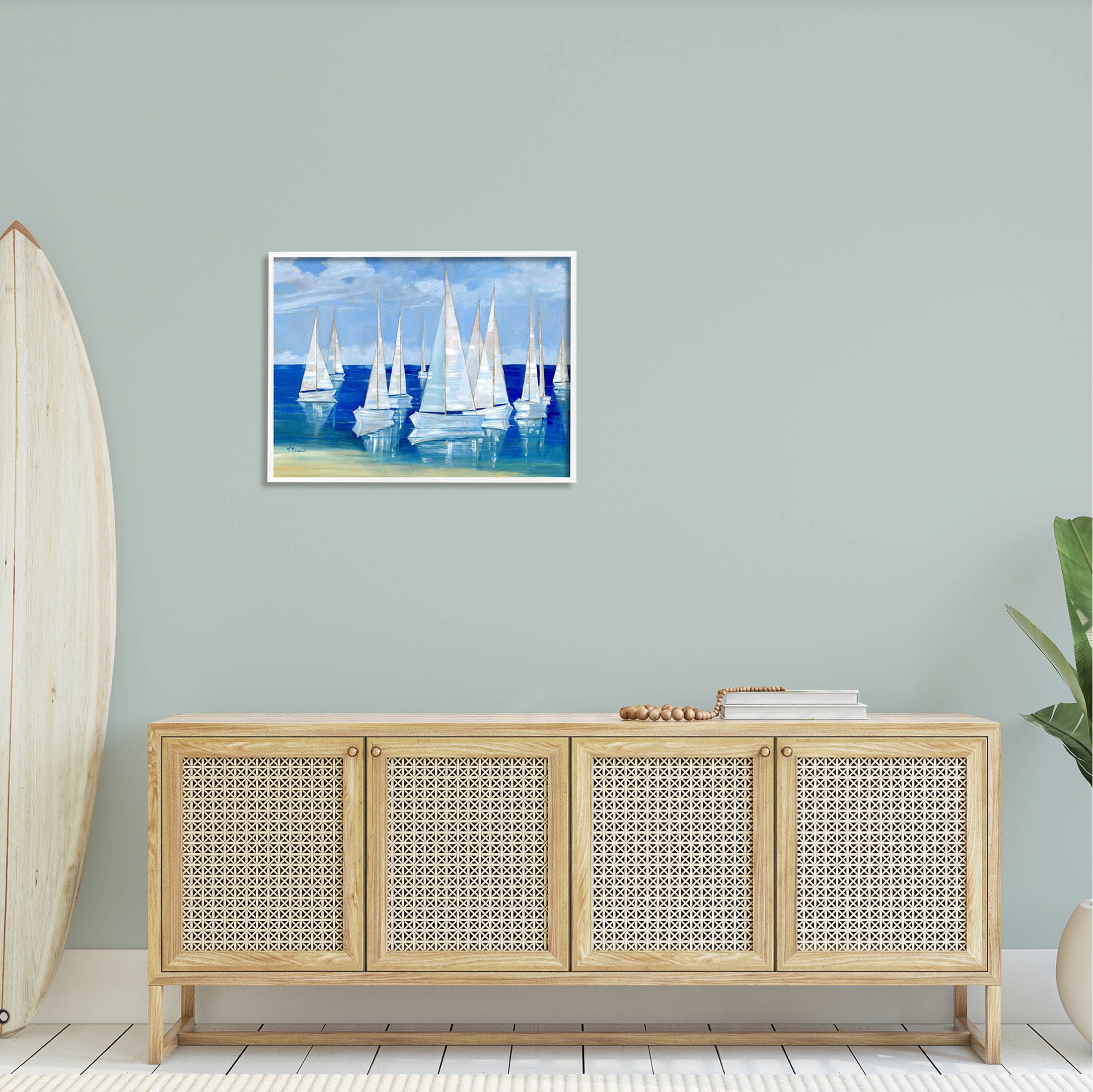 Stupell Industries Blanco Beach Sailboats Reflecting Coast Painting White Framed Art Print Wall Art, Design by Paul Brent