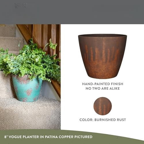 Classic Home and Garden Vogue Planter Pots w/Pottery Quality Finish - Modern Indoor & Outdoor Flower Pots - UV-Resistant Porch Planters - Decorative Pot for Flowers & Herbs (8” Burnished Rust)