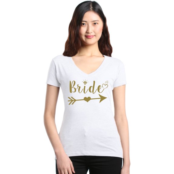 Shop4Ever Women's Bride Heart Arrow Gold Bridal Wedding Slim Fit V-Neck T-Shirt