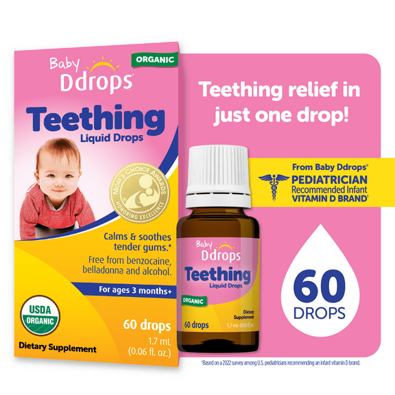 Baby Ddrops Liquid Organic Teething Relief Drops - Homeopathic Remedy for Gum Comfort, 0.06 fl oz