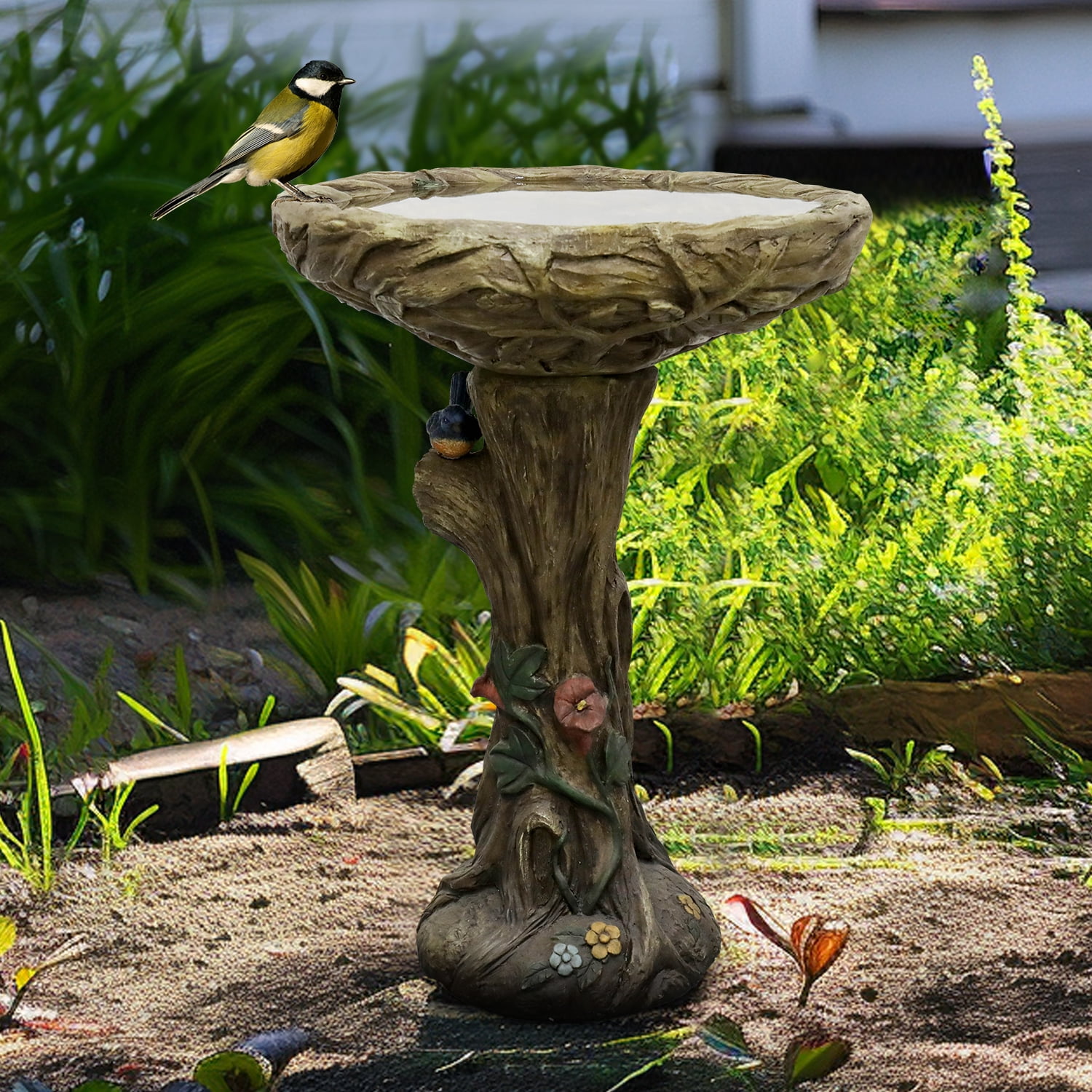 25.5" H Outdoor Concrete Bird Bath - Tree Trunk Birdbath with Pedestal  for Garden, Patio, Lawn, Backyard Decor