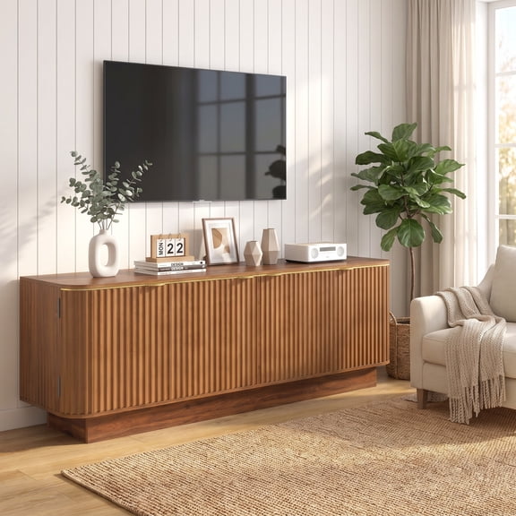 MORPAZX Mid-Century Modern TV Stand for 70 Inch TV, Fluted Wood, Brown