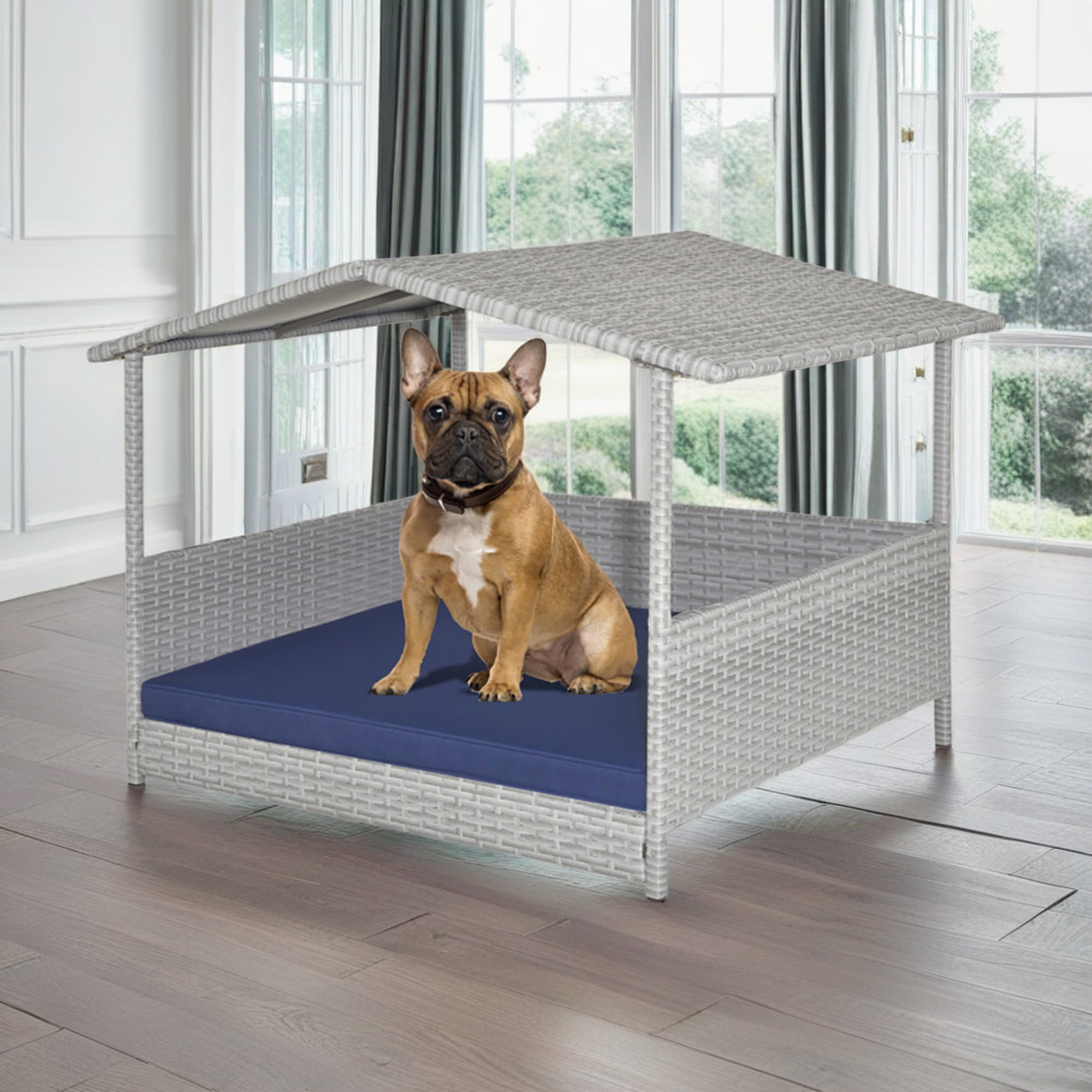 Kadyn 38" Pet Dog Bed Furniture with Provide Pet Mat, Outdoor PE Wicker Dog House for Cat and Dog with Waterproof Roof Kennel, Gray+Blue