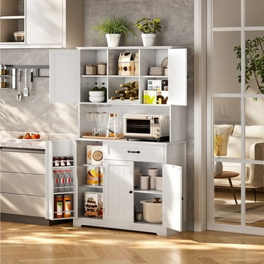 Asofer 67.7" Kitchen Pantry Cabinet with Door & Shelves, Sideboard Buffet Cabinet with Microwave Stand for Dining Room, White