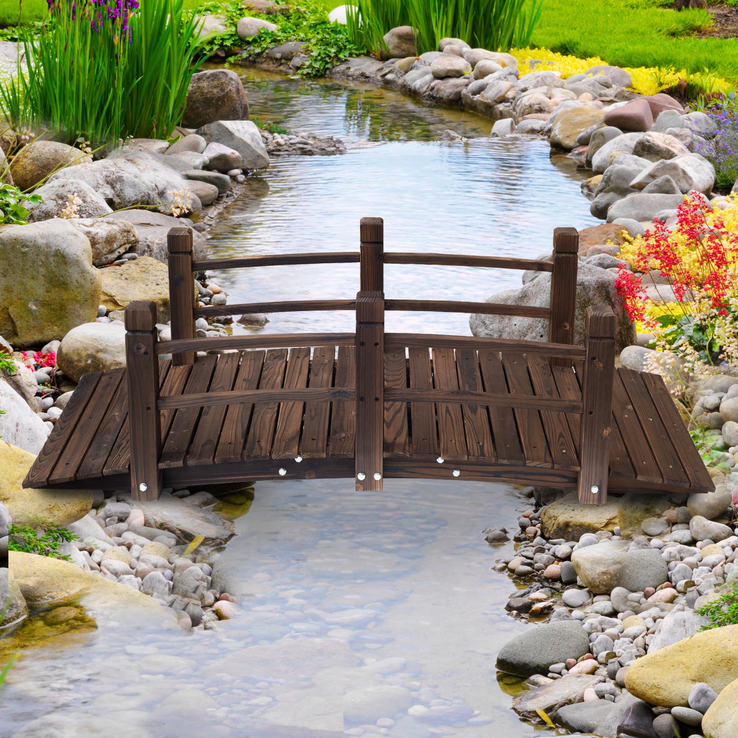 Brown HYNAWIN Garden Bridge,Wood Arc Bridge with Rails for outside-5FT Length ,Classic Decoration for Landscaping Backyard Creek Pond or Farm 