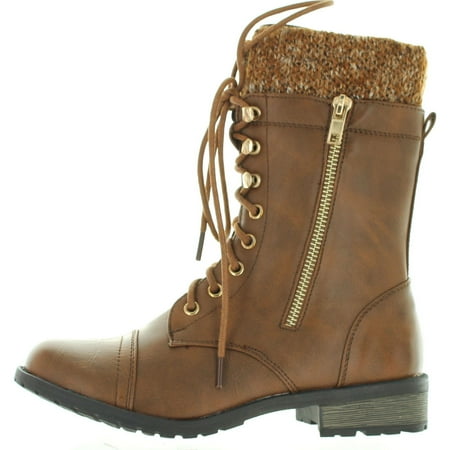 

Forever Link Womens Mango-31 Round Toe Military Lace Up Knit Ankle Cuff Low Heel Combat Boots Tan Pu 5.5