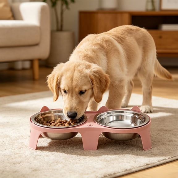 Elevated Dog Bowls For Small Dogs, High Raised Dog Bowl Stand with Dual 5” Stainless Steel Bowls, Non-Slip Pet Feeder For Puppy and Cats, Dishwasher Safe (Pink)