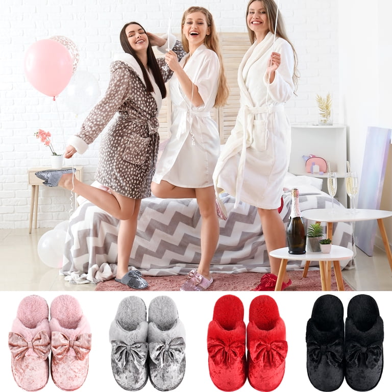 DL Women's Memory Foam Slippers - Fluffy Velvet Scuff With Non-Slip Sole (Pink/Gray)