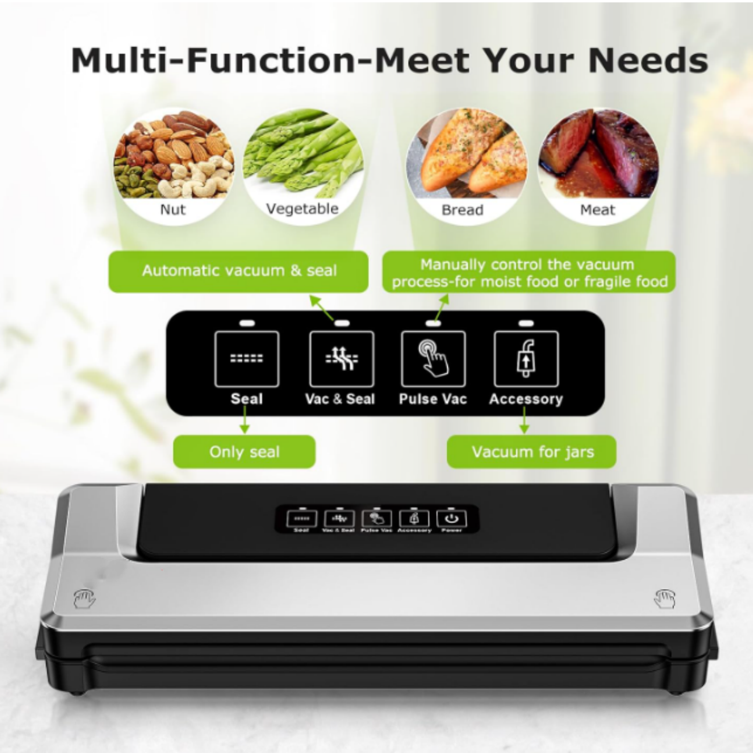 Vacuum Sealer Machine with Mason Jar Sealer Kit | Compact Food Sealer for Kitchen Storage & Meal Prep | Multiple Modes​​ | External Vacuum System & 40 Vacuum Bags, Silver