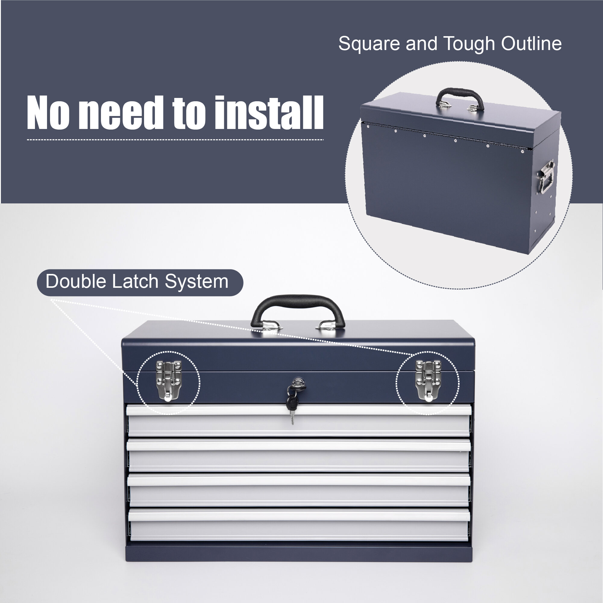 Mechanics Tool Box Heavy Duty Metal Tool Box, 21-inch, Portable Metal Tool Box with 4 Drawers, Small Tool Chest with EVA Liners, Ball Bearing Slide Drawers Locking & Powder Coated Finish, Multi-Funct