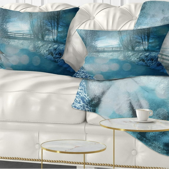 Designart Beautiful Winter River View - Landscape Printed Throw Pillow - 12x20
