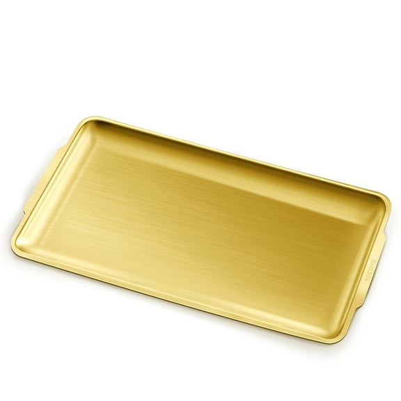 Stainless Steel Serving Tray, 15.7 x 9.4In Rectangle Gold Serving Platter with Handle, Decorative Coffee Table Plate, Ottoman Dish for Party Eating Kitchen Food Dessert BBQ