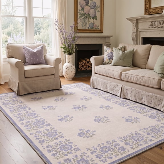 KUETH 5x7 Vintage Floral Rug for Living Room, Machine Washable Soft Low Pile Non Slip Backing Area Rug, Dusty Lavender Rug for Bedroom Dining