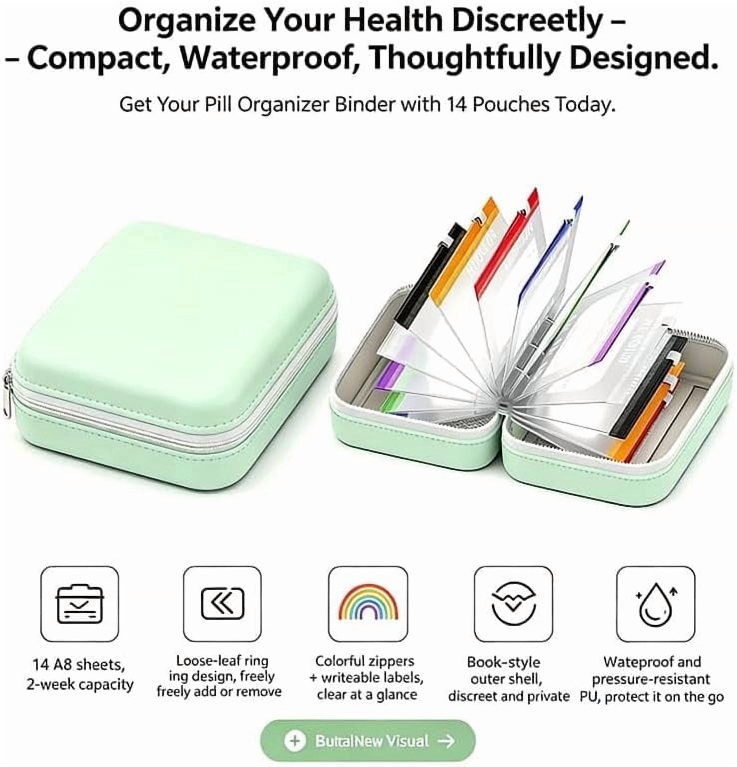 Waterproof Pill Pouch Set-14pcs Bags Inside,A8 Waterproof Pill Organizer Set,7 to 14 Days of Meds & Medicine Crush-Resistant Shell (Green)