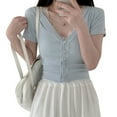 thumbnail image 1 of Blusa de manga corta ajustada con botonadura sencilla en color azul, talla S, camisa de verano con escote en V y ribete de encaje para mujer, 1 of 4