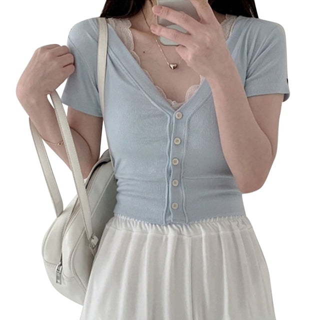 Blusa de manga corta ajustada con botonadura sencilla en color azul, talla S, camisa de verano con escote en V y ribete de encaje para mujer