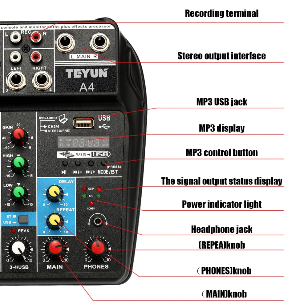 Aibecy BT Sound Mixing Console TU04 USB 48V Phantom 4 Channels Audio Mixer with AUX Paths Effects Record