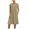 thumbnail image 2 of Summer for Women Cotton Linen Short Sleeve Crewneck Loose Ruffle Flowy Midi Tshirt Dress Beach Vacation Dress, 2 of 6