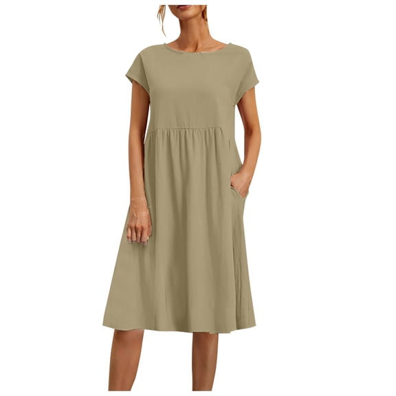 Kureaily 2024 Fashion Summer OL Temperament Women's Cotton And Linen Round Neck A Line Skirt Plus Size Loose Dress