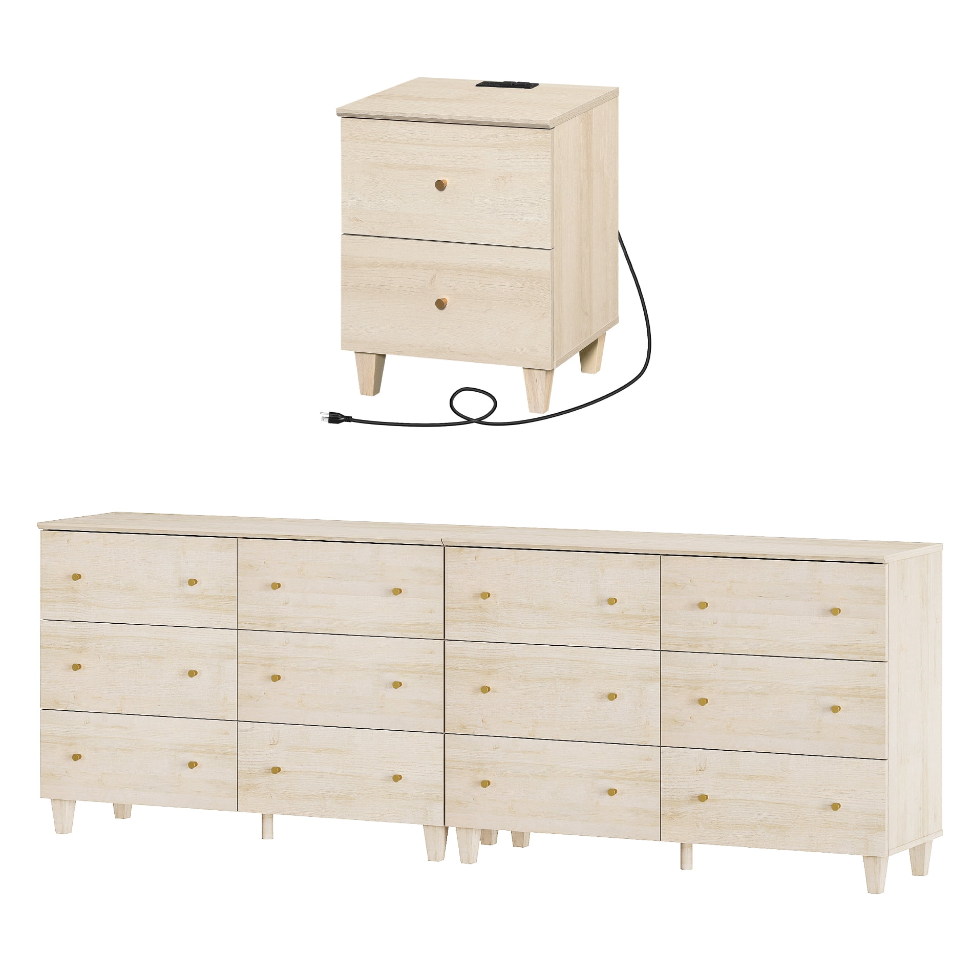 WAMPAT Dresser and Nightstand Set of 3, Wood Dressers with 12 Drawers, Nightstand with Charging Stations for Living Room, Natural Oak